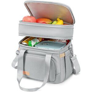 Double Deck Insulated Lunch Box for Men & Women, Leakproof Tote Cooler (Grey)